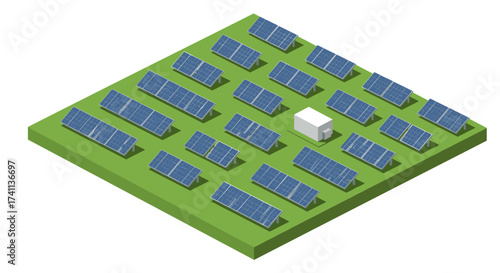 Isometric solar farm with panels and control unit on grass field
