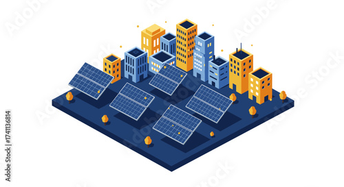 Futuristic cityscape with solar panels and isometric modern buildings