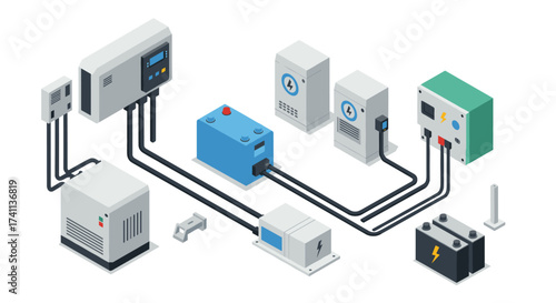 Isometric energy system setup featuring modern electrical components in 3d design