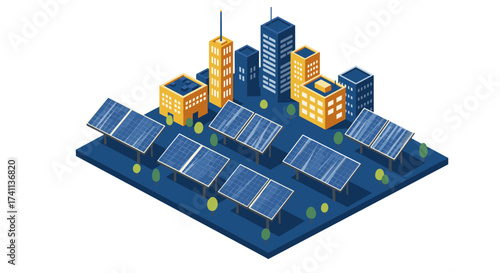 Isometric solar-powered smart city with solar panels and green spaces