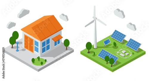 Sustainable energy solutions with solar panels and wind turbine in isometric design