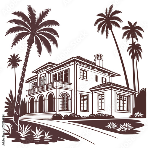 Opulent House with Palm Trees and Detailed Landscaping
