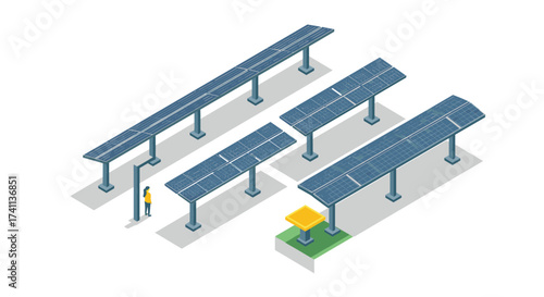 Sustainable energy isometric design featuring solar panels in modern setting