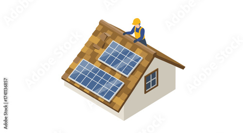Isometric worker installing solar panels on roof of small house