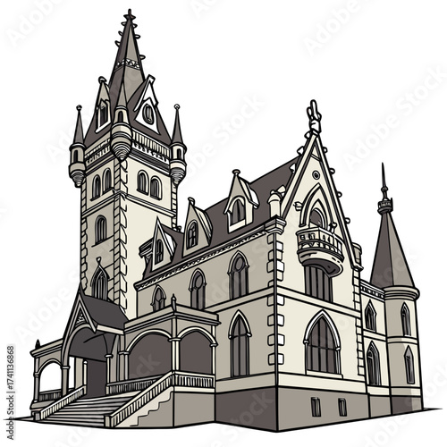 Ornate Gothic Revival Mansion with Towers and Balcony