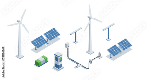 Renewable energy icons collection: wind turbines and solar panels in isometric design