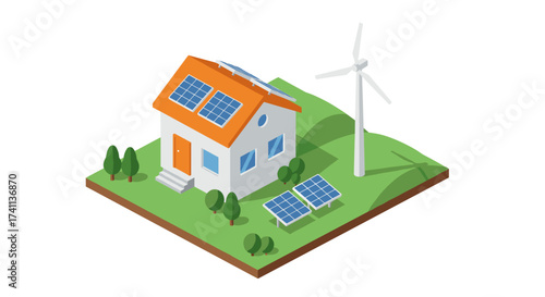 Eco-friendly home with solar panels and wind turbine in isometric design