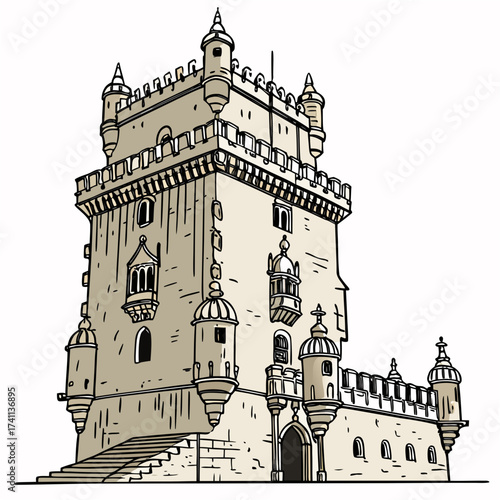Ornate medieval tower house with decorative elements
