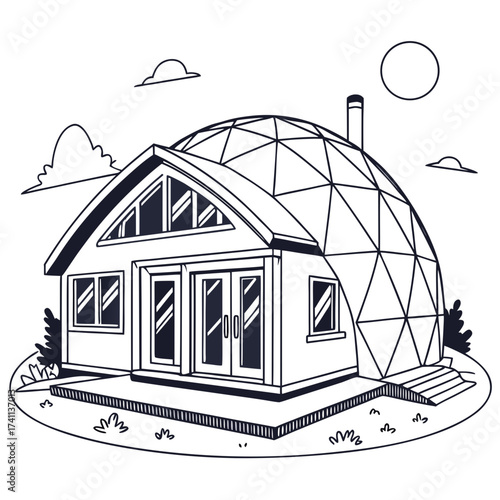 Outline Drawing of a Geodesic Dome House with Chimney
