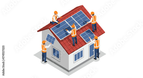 Residential solar panel installation team on house roof in isometric design