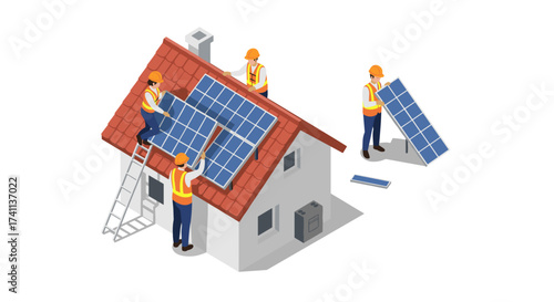 Isometric workers installing solar panels on rooftop of a house