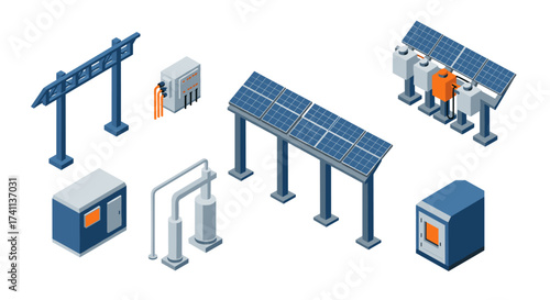 Isometric renewable energy infrastructure with solar panels and power equipment