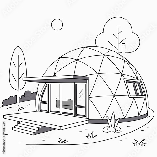 Outline drawing of a geodesic dome house with trees and sun