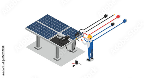 Technician installing solar panel wiring in isometric design