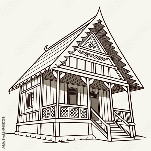 Outline drawing of a traditional stilt house with detailed roof
