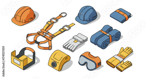 Isometric construction safety gear set with helmet, harness, gloves, and goggles