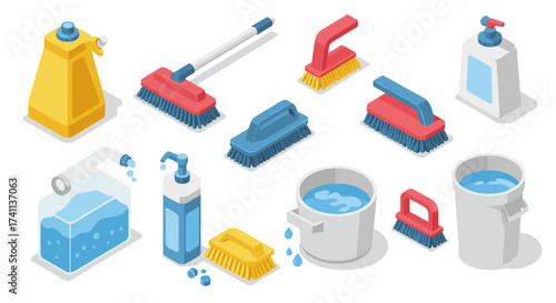 Isometric cleaning supplies collection featuring brushes and buckets