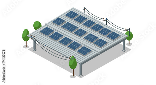 Isometric solar panel structure with trees and wires on white background