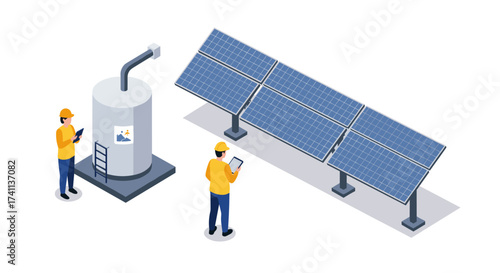 Isometric solar panel energy system with engineers conducting maintenance