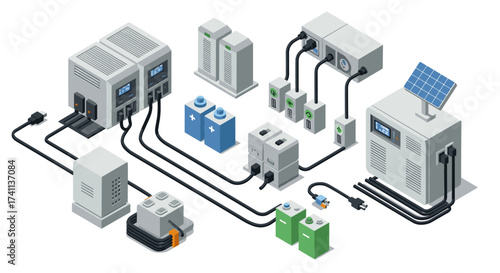 Isometric renewable energy system with solar panel and battery storage