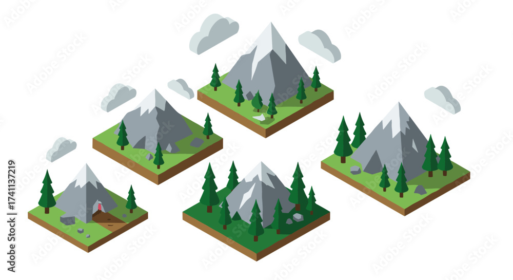 Obraz premium Isometric mountain landscapes with forests and clouds