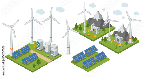 Renewable energy concept with wind turbines and solar panels in isometric design