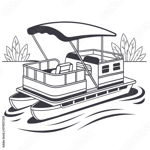 Pontoon Boat with Canopy on Water with Plants waves