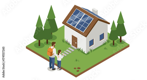 Family observing eco-friendly house with solar panels in isometric forest scene