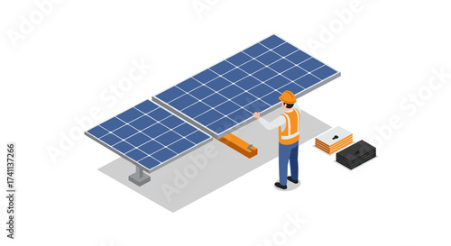 Technician setting up solar panels in an isometric style