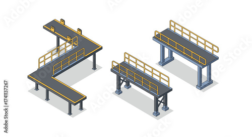 Isometric industrial walkways with railings on elevated platforms