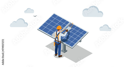 Engineer maintaining solar panel in isometric style with cloudy sky background