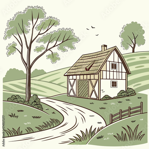 Quaint Farmhouse with Winding Path in a Green Landscape Keywords: farmhouse, house, building
