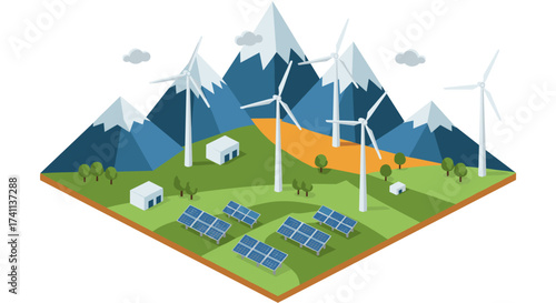 Sustainable energy landscape with wind turbines and solar panels