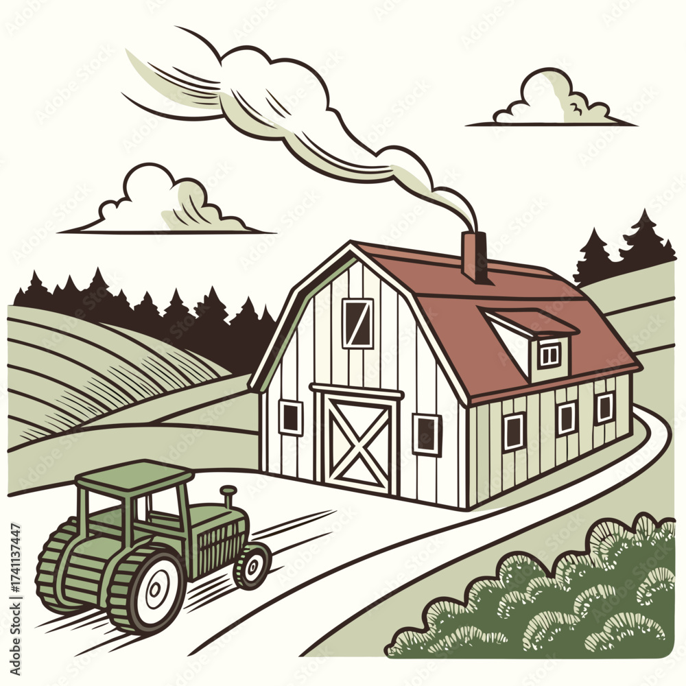 Fototapeta premium Rural farm scene with barn and tractor countryside