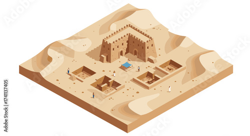 Isometric desert fortress: ancient architecture amidst sandy dunes
