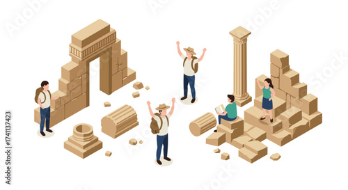 Archaeological exploration scene with tourists and ancient ruins isometric art