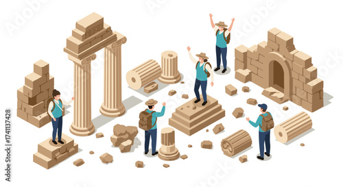 Travelers exploring ancient ruins with columns and arches in isometric style