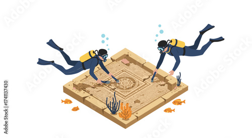 Isometric underwater archaeologists explore ancient sunken mosaic