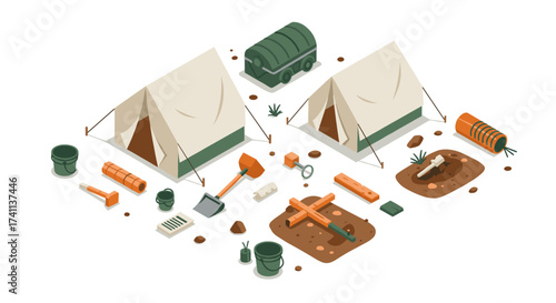 Isometric camping setup with tents, tools, and accessories for outdoor adventures