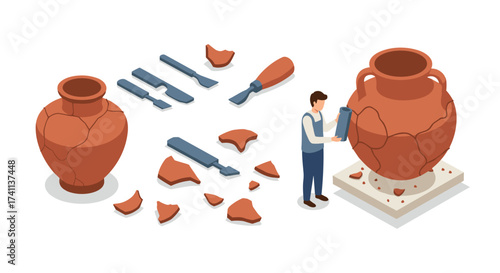 Isometric pottery restoration concept with tools and broken vase pieces