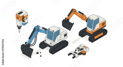 Modern construction equipment in isometric style featuring excavators and tools
