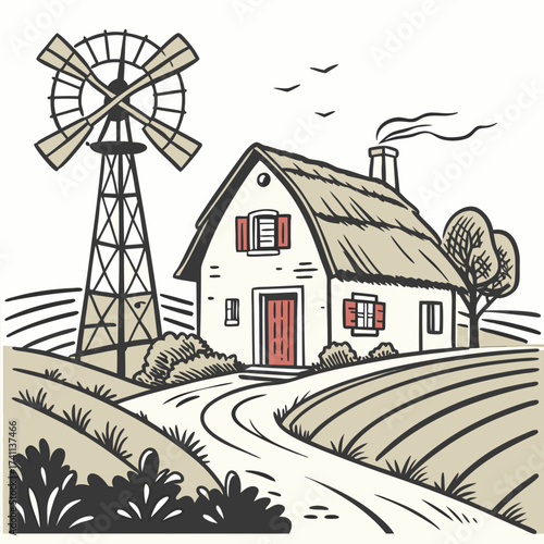 Rural Farmhouse Scene with Windmill and Winding Path