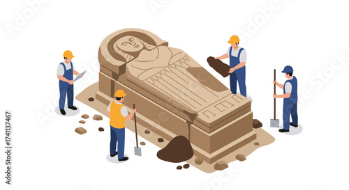 Archaeologists uncover ancient sarcophagus in detailed isometric art style
