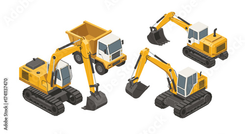 Construction equipment isometric set featuring excavators and dump truck illustrations