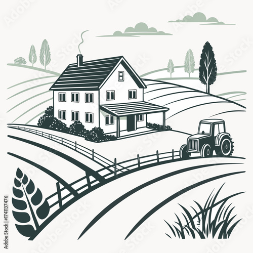 Rural Farm Scene With House Tractor And Rolling Fields Keywords: farm, rural, house, tractor
