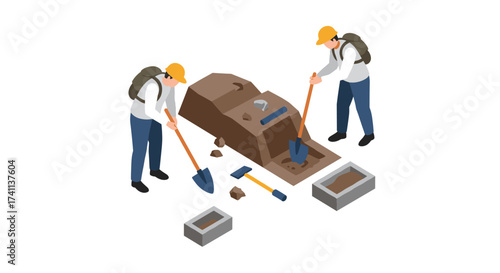 Archaeologists uncovering ancient tomb with shovels and tools in isometric style