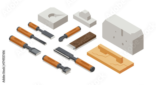Isometric carpentry tools and wood blocks set for crafting and design