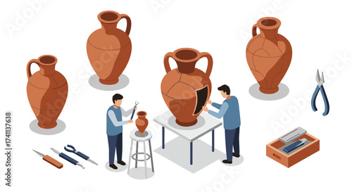 Repairing ancient amphorae: craftsmen reviving broken pottery with careful tools