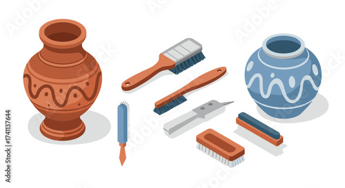 Isometric pottery vases and cleaning tools on white background