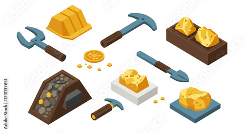 Isometric gold mining tools and nuggets collection for resource extraction